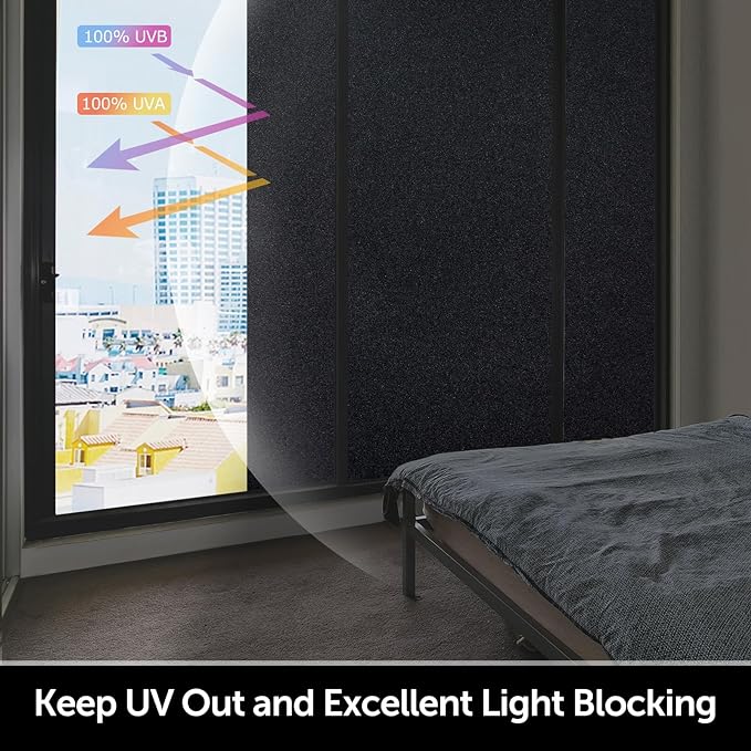 HIDBEA Blackout Window Film,100% Light Blocking Room Darkening Window Privacy Film,Frosted Glass Window Film Heat Control, Removable Window Cover Tint for Day Sleep (Black,17.3in x 13.1ft)