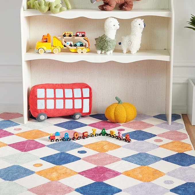 jinchan Area Rug 5x7 Kids Washable Indoor Floor Cover Non-Slip Modern Soft Rug Elementary School Classroom Colorful Diamond Carpet for Nursery Playroom Daycare Bedroom Living Room Berries on Cream