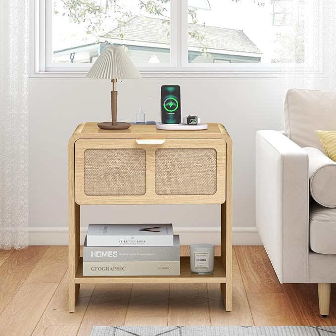 LEVNARY Nightstand with Charging Station, Mid-Century Modern Bedside Table with Curved Top Corners and Fabric-Like Textured Drawer, Wooden End Table for Farmhouse Bedroom Living Room (1, Natural)