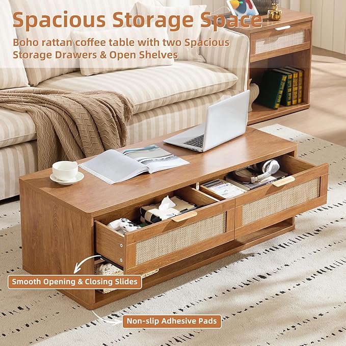 LEYAOYAO Boho Rattan Coffee Table and End Table Sets, 48" Wide Center Tables & 23" Night Stand with Charging Station Chest of Drawers, Brown Wood Coffee Table for Living Room 2 Piece Set