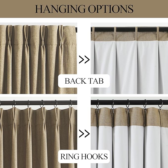 Vision Home Brown Pinch Pleated Full Blackout Curtains Linen Blended Room Darkening Window Curtains 63 inch for Living Room Bedroom Thermal Insulated Pinch Pleat Drapes with Hooks 2 Panel 40" Wx63 L