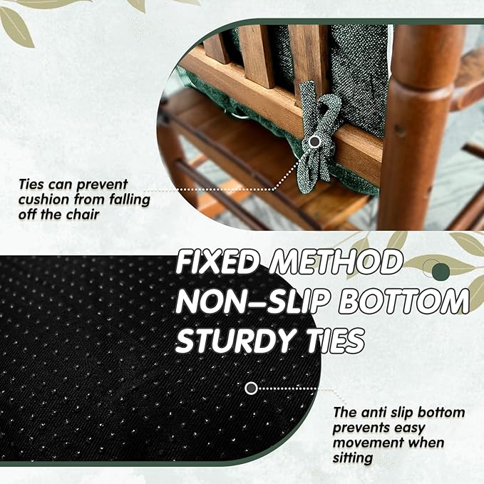YZ HOME Rocking Chair Cushion, Set of Thicken Seat & Back Chair Cushions with Memory Foam, Non-Slip Chair Pad with Ties for for Indoor&Outdoor Rocker, Dark Green, 22x17x5/17x17x5
