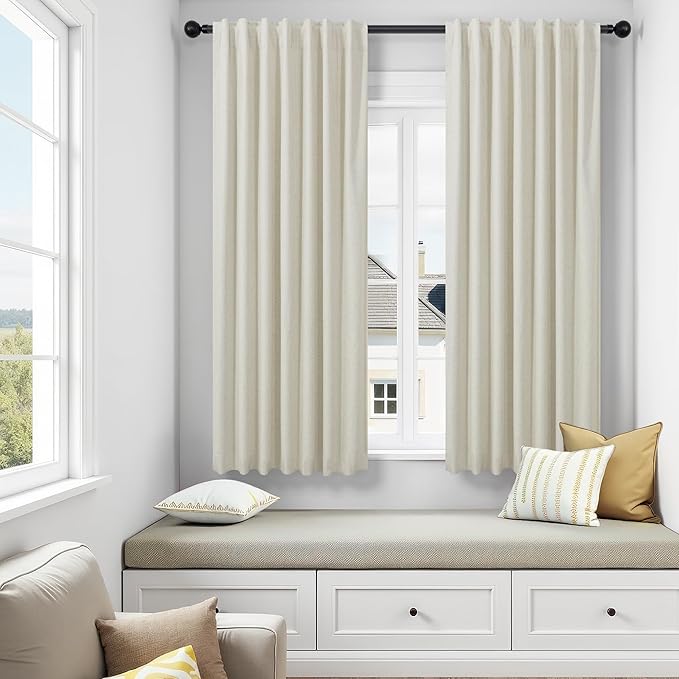 54 Inch Curtains Sunblock Curtains for Bedroom 2 Panel Set Flax Linen Short Blackout Insulated Thermal Opaque Curtain for Summer Heat Kitchen 4.5 ft Drapes for 50 Inch Small Window 52x54 Length Beige