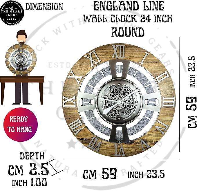 The Gears Clock Real Moving Gear Wall Clock England Line (Vintage Brown, 24 inches (60 cm))