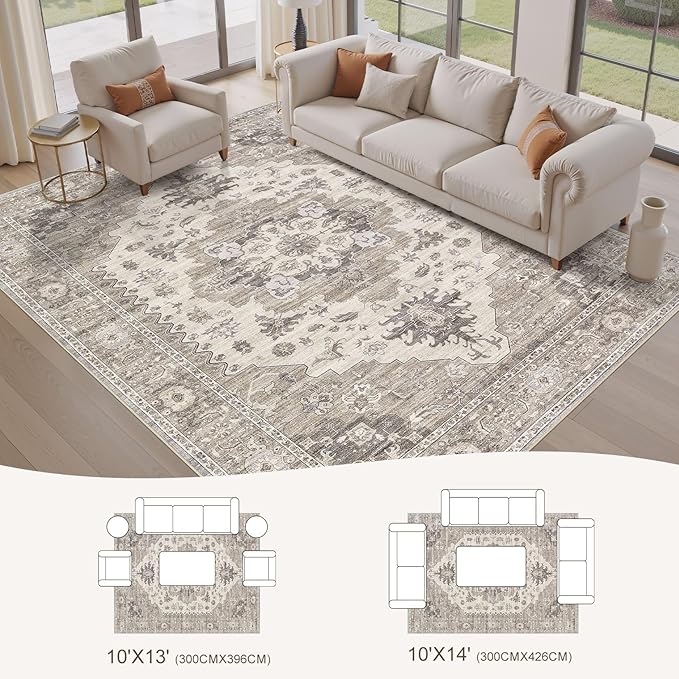 Washable Area Rugs for Living Room - 10x14 Neutral Vintage Distressed Floral Farmhouse Boho Large Soft Floor Rug Indoor Non Slip Carpet for Living Room Bedroom Dining Room Office-Brown/Beige