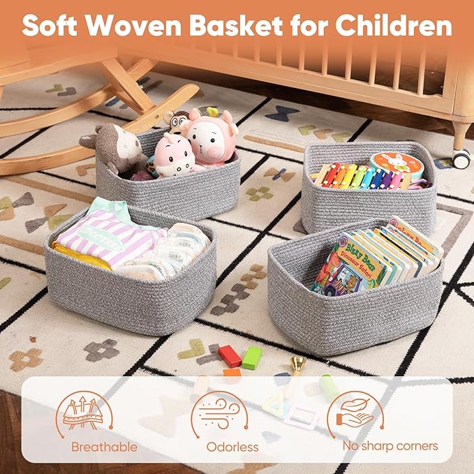 OIAHOMY 4 Pack 14.17*11.02*6.3IN Storage Baskets for Organizing Shelves, Woven Rope Baskets for Organizing Books, Clothes, Decorative Basket for Living Room, Nursery, Bedroom, Gift Basket, Grey