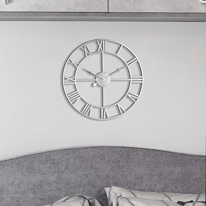 LEIKE 24" Modern Large Wall Clocks,Vintage, Round,Silent Non Ticking,Battery Operated,Silver Metal Roman Numerals Clock for Living Room/Bedroom/Kitchen Decor