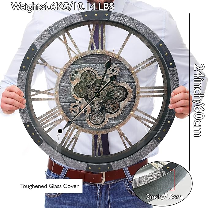 DORBOKER 24" Large Wall Clock with Moving Gears,Oversize Vintage Industrial Rustic Farmhouse Clocks for Living Room Decor Office Home,Solid Wood HD Tempered Glass Cover,Carbon Grey