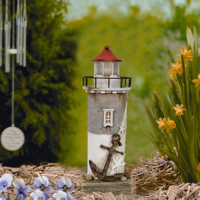 Linfevisi Wood Lighthouse Decor Rustic LED Light House Decor Wooden Decorative Nautical Lighthouse Statue Coastal Beach Themed Lighthouse Handcrafted Tabletop Decoration Home Bathroom (11.4")