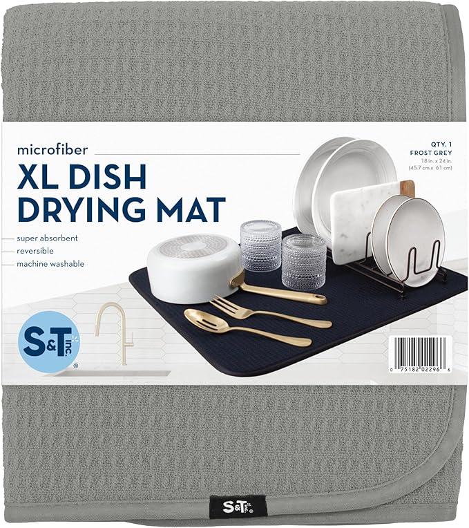 S&T INC. Dish Drying Mat XL, 18” x 24”, Absorbent Microfiber Kitchen Counter Mat, Dish Drying Pad for Dishes, Utensils, Pots and Pans, Extra Large, Grey