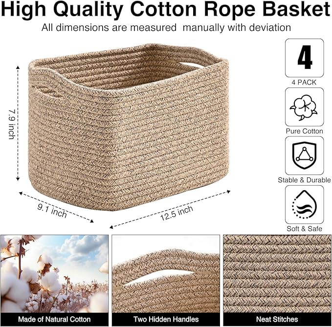 Small Storage Baskets for Shelves Organizing, Woven Cotton Rope Baskets for Storage, Book Basket, Decorative Shelf Basket, 12.5"Lx9.1''Wx7.9''H (4 Packs) Brown