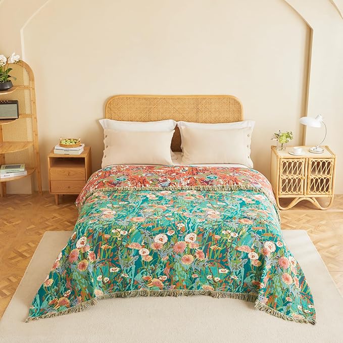 MSGKV Boho Throw Blanket for Couch Bed Chair 100% Cotton Muslin Breathable Floral Blanket 50"x60" Sofa Blankets for All Seasons Lightweight Farmhouse Blankets Boho Home Decor