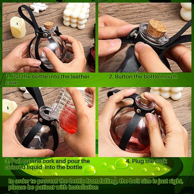 Patelai 2 Pcs Halloween Glass Potion Bottles with Belt Cork Renaissance Witch Costume Accessories Witch Props Potion Bottle for Halloween Party Decor Cosplay DIY Crafts Gift (Black)