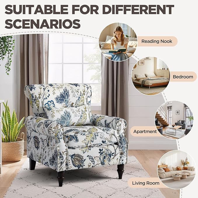 Wingback Accent Chair with Removable Pillow, High Back Floral Armchair with Solid Wood Legs & Nailhead Trim, Comfy Upholstered Reading Single Sofa Chair for Bedroom (2, Blue Floral Pattern)