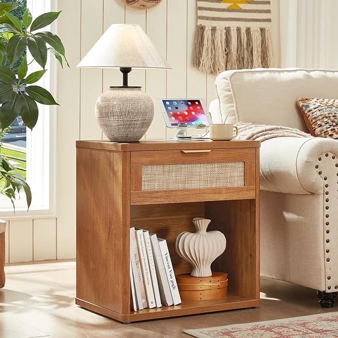 LEYAOYAO Boho Rattan Coffee Table Sets 2 Pieces, Nightstand with Charging Station and Coffee Table with Hidden Storage Compartment, Brown Living Room Table Set, Wood Furniture Sets for Home Office