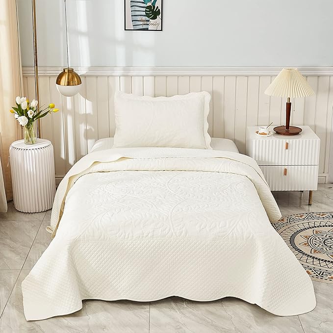 MarCielo 3-Piece 100% Cotton Oversized Bedspread Lightweight Quilt Coverlet Embroidery Farmhouse Bedding Set T0 (Bright White, Twin (68"x86"))