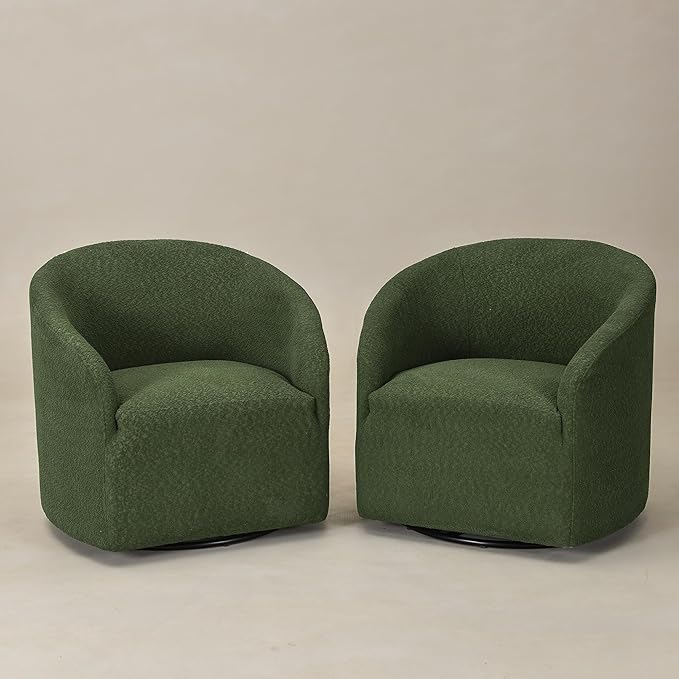 KINWELL 32" Wide Modern Boucle Swivel Barrel Chairs Set of 2, No Assembly Round Upholstered Swivel Accent Armchairs for Living Room, Bedroom (Green)