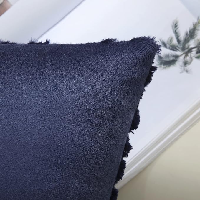 decorUhome Fall Throw Pillow Covers 18x18 Inch Set of 2, Soft Plush Decorative Faux Fur Navy Blue Solid Couch Pillow Covers, Accent Farmhouse Neutral Square Euro Pillow Cases for Sofa Bed Living Room