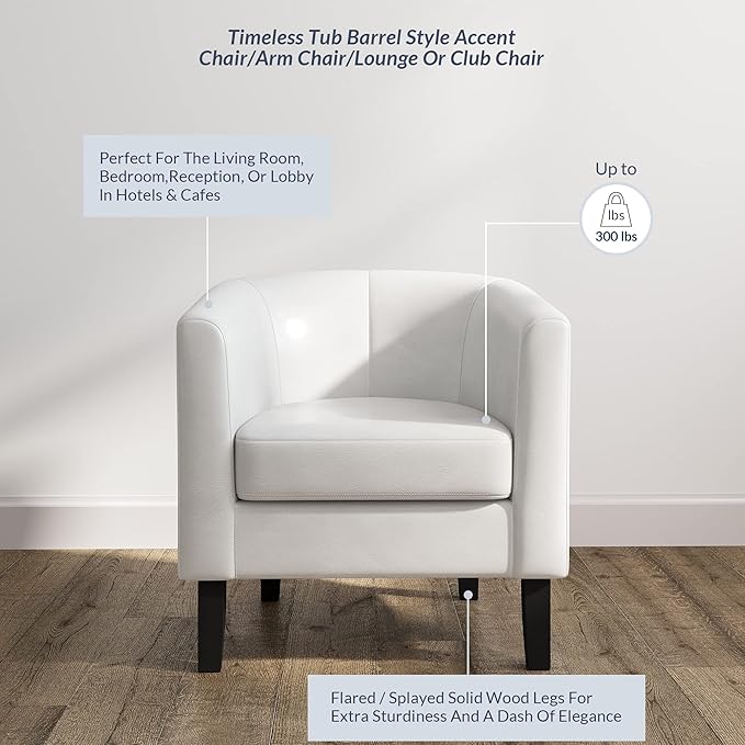 BELLEZE Accent Barrel Chair, Club Tub Sofa Corner Chair with Flared Legs and Cozy Soft Padding for Living Room Bedroom Waiting Room - White