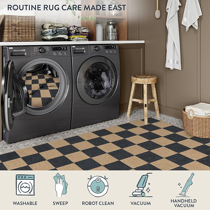 Lahome Checkered Round Rugs 6ft, Outdoor Patio Easy Jute Rug Indoor Outdoor Circle Carpet, Farmhouse Nature Non Shedding Non Slip Washable Black Carpet for Living Room Entry Deck