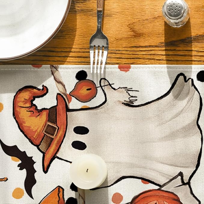 Artoid Mode Beige Ghost Jack-O'-Lantern Black Cat Halloween Table Runner,Holiday Kitchen Dining Table Decoration for Home Party Decor 13 x 108 Inch