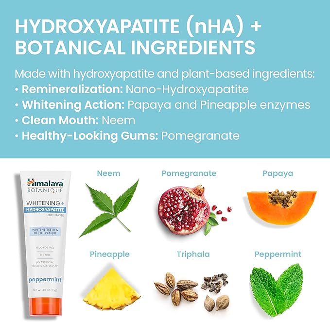 Himalaya Botanique Peppermint Whitening+ Hydroxyapatite (nHA) Toothpaste, Whiter Teeth & Fresher Breath with Hydroxyapatite Support & Peppermint Flavor, Fluoride Free, SLS Free, & Vegan, 4.0 oz (113g)