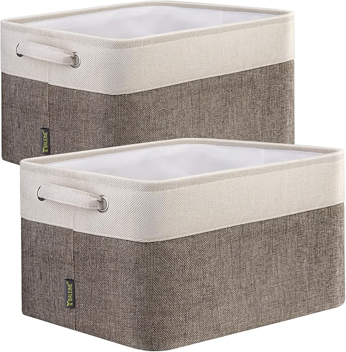 BALEINE 2 Pack Fabric Storage Bins for Shelves, Linen Storage Baskets for Organizing, Decorative Closet Bins for Clothes, Home (Brown, 15"x11"x9.5") 