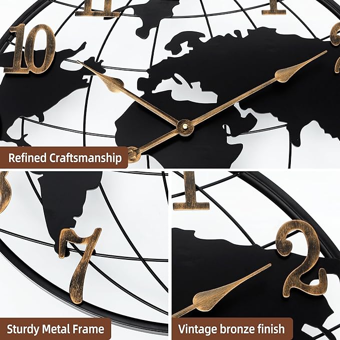 Large Wall Clock - 20 Inch World Map Minimalist Modern Round Metal Wall Clock Silent Non-Ticking Battery Operated Wall Clocks for Living Room Kitchen Office Farmhouse Home Decor