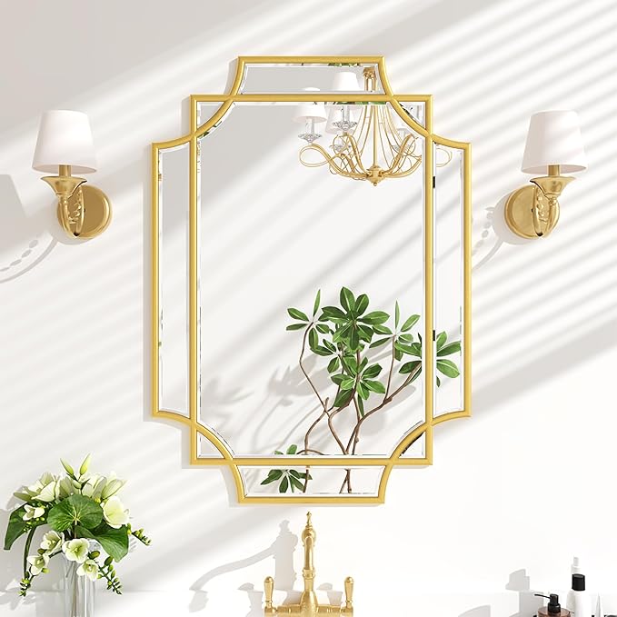 Bathroom Mirror for Wall Gold Farmhouse Wall Vanity Mirror for Over Sink Wood Framed Beveled Mirrors Deco(20 * 28IN/Gold)