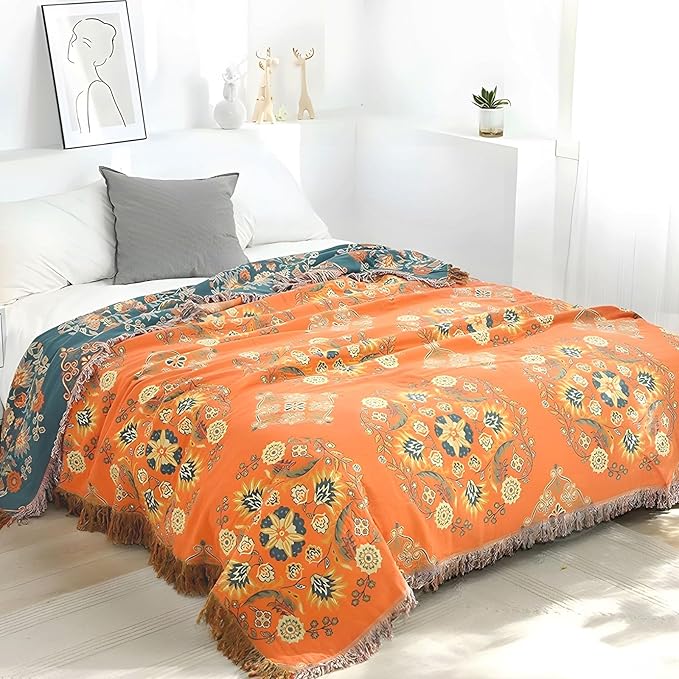 Boho Throw Blanket for Bed - 100% Pure Cotton Ultra Soft Rustic Quilt - Farmhouse Decor Bed Blankets, All Season Rustic Throw for Sofa Couch Chair(60"×80", Boho)