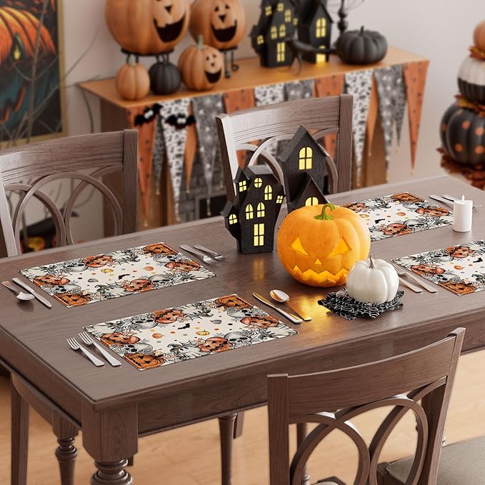 XCHI Spooky Skeleton Ghost Pumpkin Halloween Placemats Set of 6 Table Mats for Party Home Kitchen Dining Table Decorations 12x18 Inch