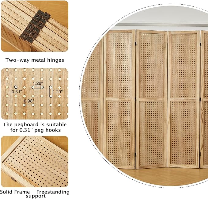 Room Divider Freestanding Folding Pegboard Privacy Screen | 6-Panel Display Stand for Jewelry, Craft Shows, Retail | Natural Wood, Portable & Space-Saving Design