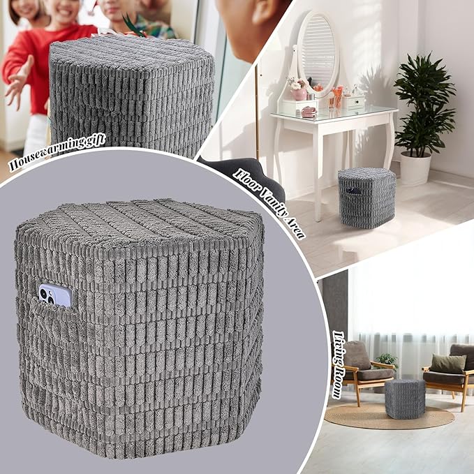 Hexagon Pouf Ottoman Stuffed with 2 Pockets & Handle, Comfort Corduroy Poufs, Non-Slip Foot Stool Storage Ottoman, Foam Floor Poufs Foot Rest for Couch, Bedroom (Gray)