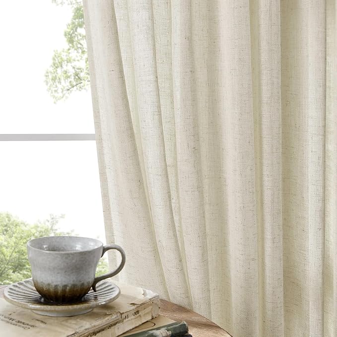 Joydeco Linen Curtains 96 Inch Length 2 Panel Sets,Light Filtering Curtains for Bedroom 70 Inch Wide Living Room Drapes with Back Tabs & Rod Pockets (W70 x L96 Inch, Beige)
