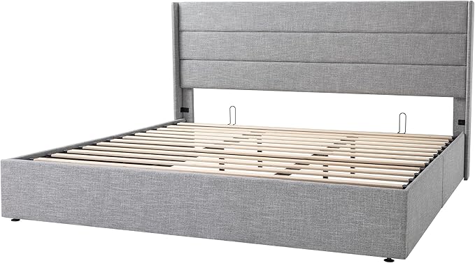 Allewie King Size Lift Up Storage Bed, Modern Wingback Headboard, Hydraulic Support, No Box Spring Needed, Light Grey