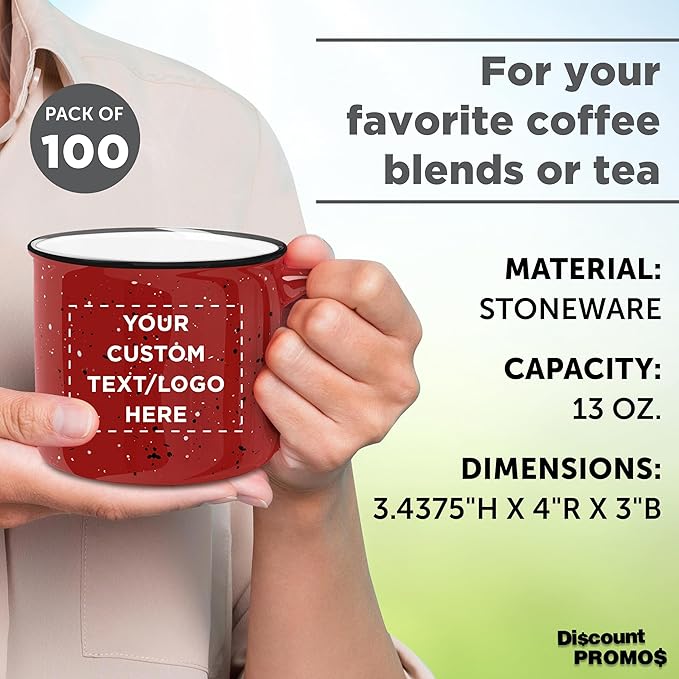 DISCOUNT PROMOS Custom Ceramic Campfire Coffee Mugs 13 oz. Set of 100, Personalized Bulk Pack - Perfect for Tea, Espresso, Cappuccino, Hot Cocoa - Red