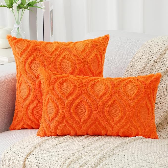 decorUhome Fall Throw Pillow Covers 22x22 Inch Set of 2, Soft Plush Decorative Faux Fur Orange Solid Couch Pillow Covers, Accent Farmhouse Neutral Square Euro Pillow Cases for Sofa Bed Living Room