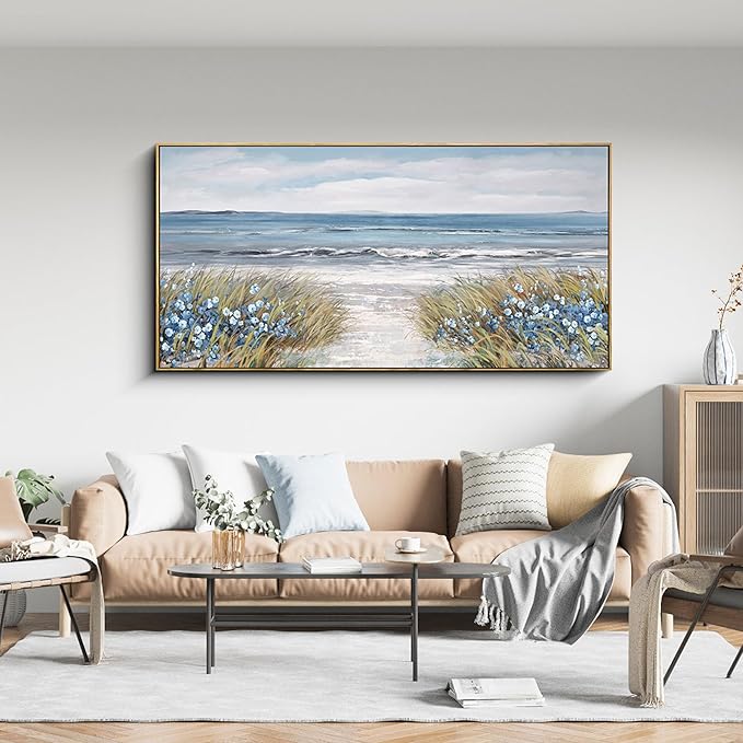 XLSJERST Framed Wall Art for Living Room Decor - Farmhouse Boho Beach Coastal Vintage Floral Ocean Wall Picture Flowers Sea Canvas Print Seascape Artwork for Home Living Room Bedroom Office 24x48