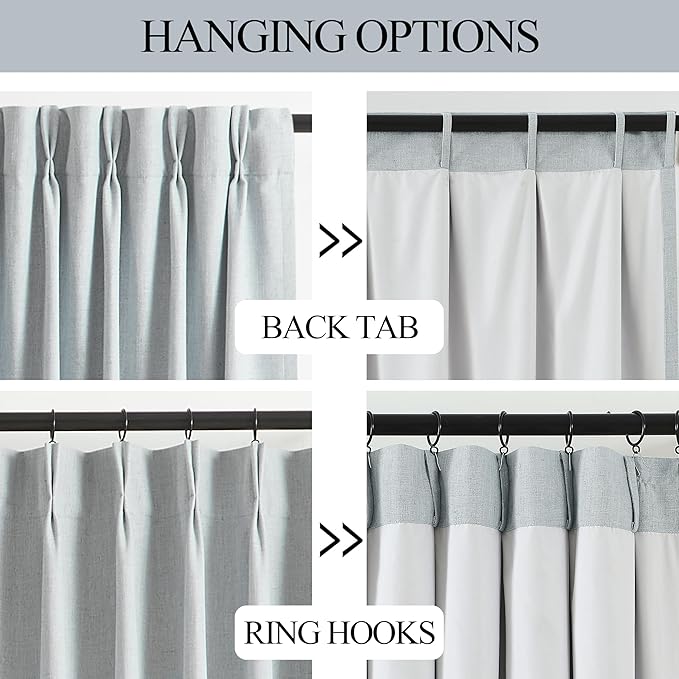 Vision Home Blue Fog Pinch Pleated Full Blackout Curtains Linen Blended Room Darkening Window Curtains 112 inch for Living Room Bedroom Thermal Insulated Pinch Pleat Drapes with Hooks 60" Wx112 Lx1
