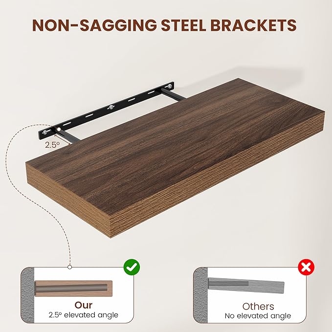 Wide Floating Shelves for Wall 12 Inch Deep, 24" X 12" X 2" Floating Shelf, 2 Inch Thick Shelf for Bathroom Bedroom Kitchen Book Room, Heavy Duty 55lbs Shelves for Farmhouse Decor Set of 2, Walnut
