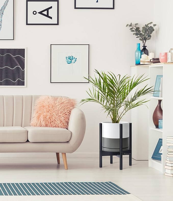 D'vine Dev Ceramic Planter with Ebony Stand - 10 Inch Modern Round Flower Pot with Wood Planter Holder, White/Grey, 55-B-L-6