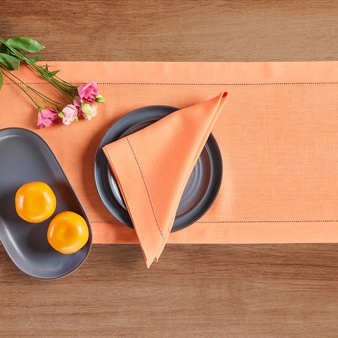 Solino Home Linen Coral Hemstitch Table Runner 48 Inches - 100% Pure Linen Small Table Runner 14 x 48 Inch Ideal for Dresser and Coffee Tables - Classic Hemstitch