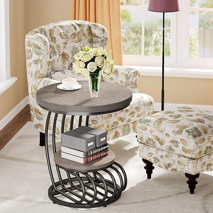 Tribesigns Round End Table: 2 Tiers Wood Side Table Set of 2 with Storage Shelf, Rustic Gray Bedside Nightstand, Accent Table for Living Room, Bedroom