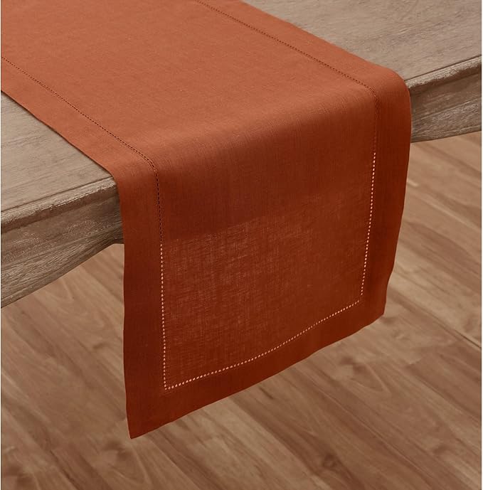 Solino Home Linen Hemstitch Table Runner 36 Inches - 100% Pure Linen Cinnamon Table Runner 14 x 36 Inch Ideal for Dresser and Coffee Tables - Classic Hemstitch - Fall, Autumn, Halloween, Thanksgiving