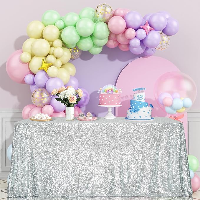 SquarePie Sequin Tablecloth 60 x 102 Inch Silver Bling Sparkly Table Cloth for Wedding Party