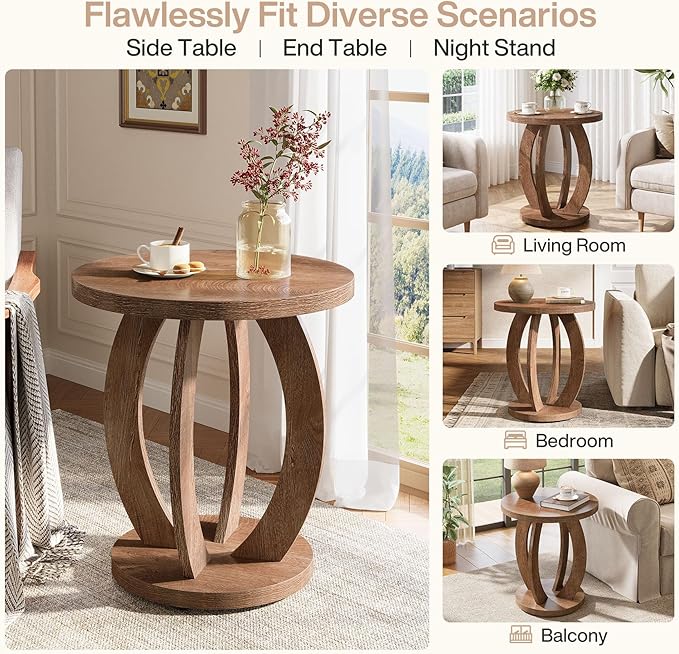 Tribesigns End Table, Round Side Table with Storage, Farmhouse Nightstand Bedside with Round Tabletop, Accent End Table for Living Room Bedroom Small Space, Wooden Accent Furniture (2, Brown)