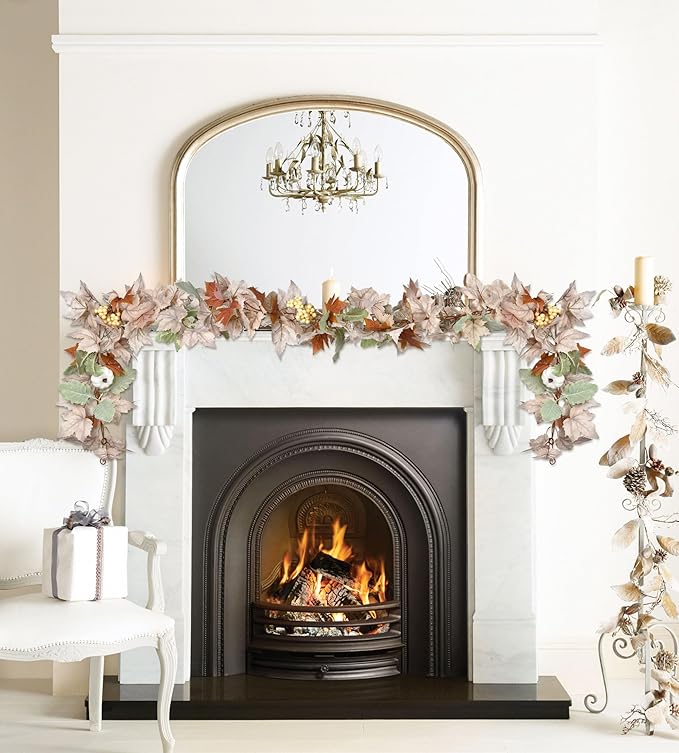 DearHouse 2 Pack Fall Maple Leaf Hanging Vine Garland Artificial Autumn Foliage Thanksgiving Decor for Home Wedding Fireplace Party Christmas (White&Green)