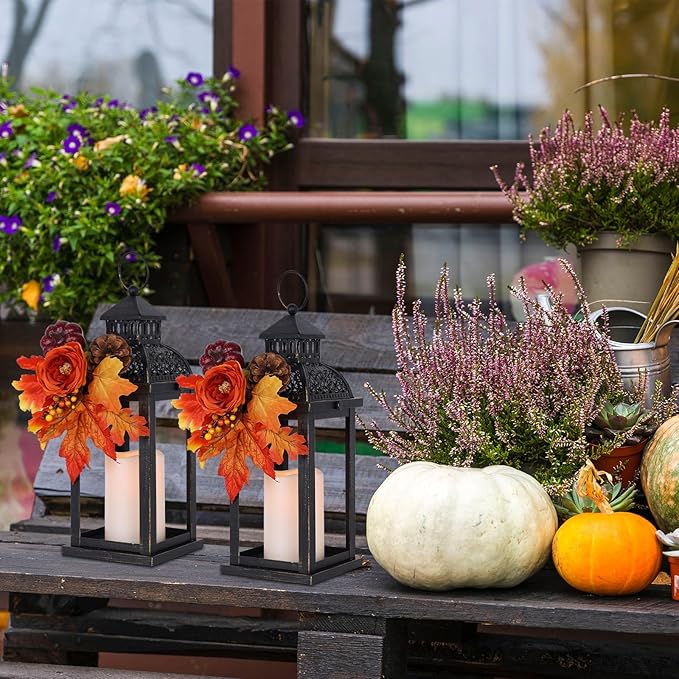 NEEDOMO Fall Decorations for Home, 2 Pcs 15'' Fall Lantern Indoor Outdoor Thanksgiving Decor, Vintage Metal Hanging Candle Holders with Fall Teardrop Wreath and LED Candle for Patio, Porch, Table
