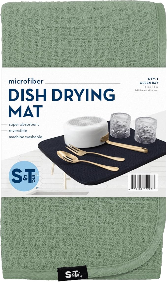 S&T INC. Dish Drying Mat, 16” x 18”, Absorbent Microfiber Kitchen Counter Mat, Dish Drying Pad for Dishes, Utensils, Pots and Pans, Large, Sage Green