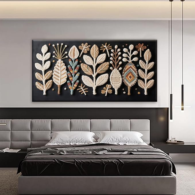 Tsomzxng Large Boho Black Wall Art For Living Room Chic Home Wall Art Modern Multicolor Leaves Feather Canvas Wall Art Decor Picture For Bedroom Apartment Kitchen Home Wall Decor 29" W X 58" L